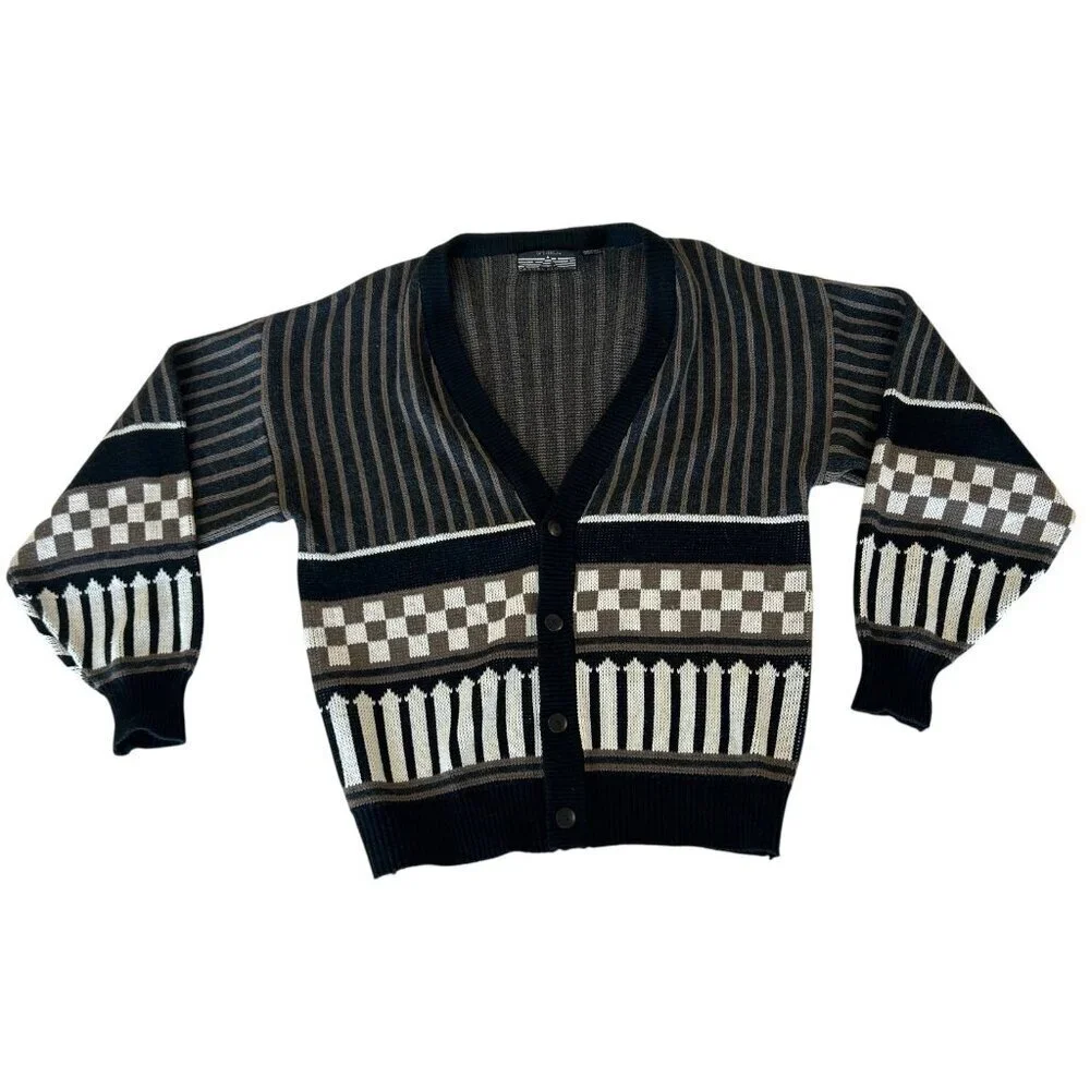 Vintage 80s 90s Men's Dad Grandpa Spettro Geometric Cardigan Sweater Size XL